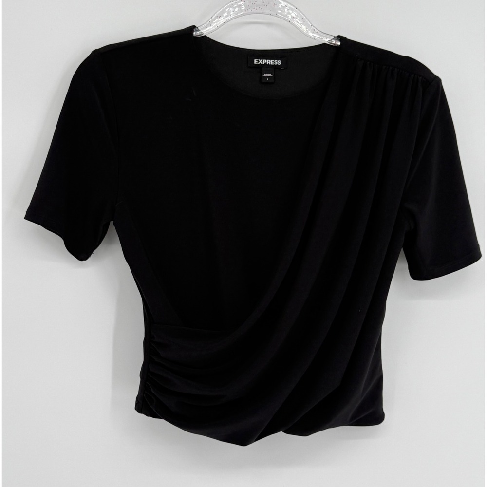 Express Womens Black Draped Front Ruched Short Sleeve Wrap Blouse Sz S